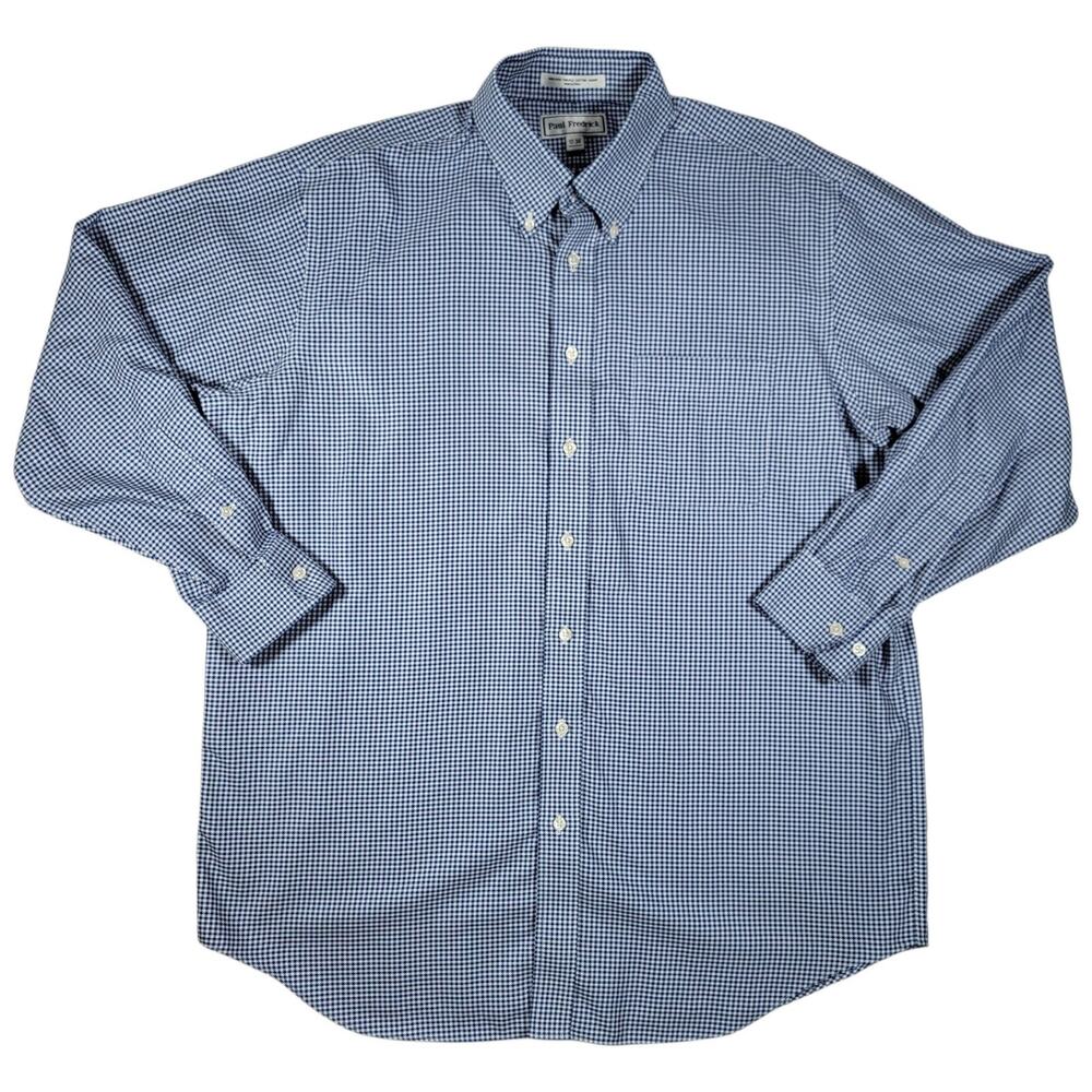 Paul Fredrick Mens Dress Shirt 17-34 Blue Houndstooth Non-Iron Two-Ply Cotton